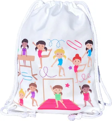 Produktbild von HECKBO Mädchen Turnbeutel, Balletttasche Baumwolle - weiß, beidseitig mit bunten Turnerinnen bedruckt, 40x30cm, geeignet auch für Turnunterricht, Kindergarten, Krippe, Reise - Mädchen Turntasche
