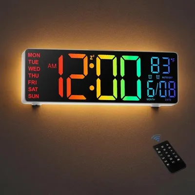 Obrázek produktu pro Digitální nástěnné hodiny s 10,5" displejem, zobrazením teploty, data a času, RGB barvami, automatickým nastavením jasu, nočním režimem, 24hodinovým LED displejem, do kanceláře nebo ložnice