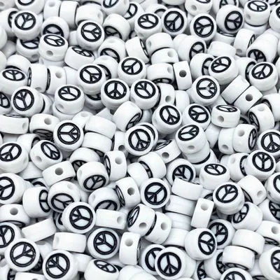 Image de Perles décoratives, environ 100 pièces, de forme ronde, de 7 x 4 mm, perles blanches avec un symbole de paix noir