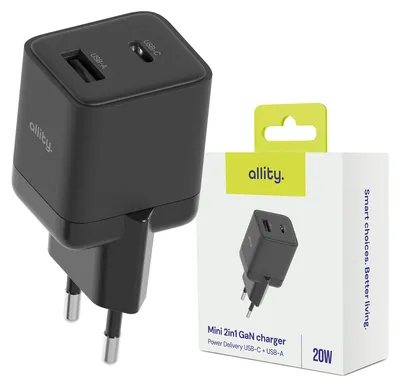 Image de Allity GaN PD QC Chargeur secteur ATC-01-20WAC 1x USB-C 1x USB-A 20W Chargeurs de téléphone portable noir