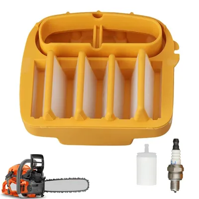 A chainsaw service kit with a yellow air filter housing, a small white fuel filter, and a spark plug, along with a portion of a chainsaw.