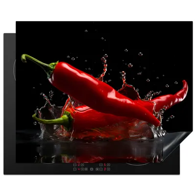 Produktbild von KitchenYeah© Herdabdeckplatte Paprika - Rot - Schwarz - Wasser - Gemüse , 65x52cm, Küche Deko, Glaskeramikkochfeld Herdabdeckung, Abdeckplatte fùr Kochfeld