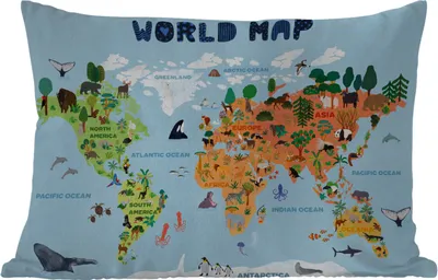 Produktbild von MuchoWow® Outdoor Kissen - Weltkarte - Kinder - Tiere - Bäume - 60x40 cm - Wetterfest - Lounge Kissen - Zierkissen - Kissen für Innenräume