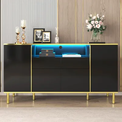 Immagine prodotto di Armadio nero con quattro ante e due cassetti, armadio moderno a LED, nero