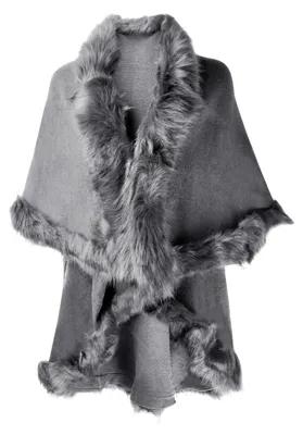 Produktbild von Damen Poncho Cape Strickjacke mit Kunstfellbesatz Einheitsgröße Grau