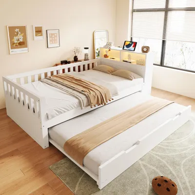 Produktbild von Merax Tagesbett Kinderbett 90x200cm mit Ausziehbett, Holzbett mit LED-Beleuchtung und Steckdose, USB Typ-C, Gästebett mit Sicherheitsgitter, Weiß