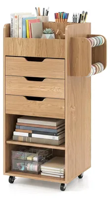 Produktbild von Rollcontainer Holz, mobiler Rollschrank mit 3 Schubladen, 2 offenen Ablagen, 2 abnehmbaren Stangen und oberer Schutzleiste (Natur)