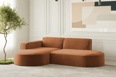 Productafbeelding van Designbank PALMA XS, hoekbank, stof Noel, kleirode kleur, met ottoman aan de linkerkant