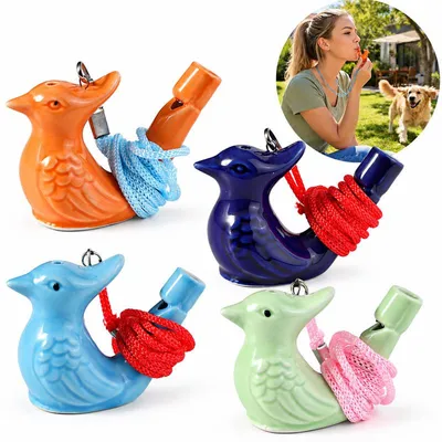 Produktbild von Vogelpfeife 4er Set aus Keramik, Vogelwasserpfeife in 4 Farben, mit Kordel, Vogelstimmen-Pfeife für Kinder und Outdoor