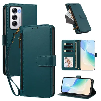 Produktbild von Geldbörse Hülle für Oppo Reno12 5G, Kunstleder Handyhülle mit Kartenfächer, Ständer, Handschlaufe Grün