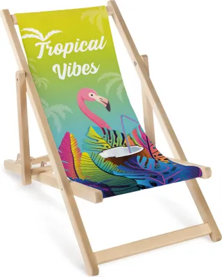 Produktbild von Kinder Liegestuhl klappbar aus Holz mit Tropical-Vibes Motiv – Kinder Klappstuhl Klappliege Sonnenstuhl Strandstuhl Gartenliege