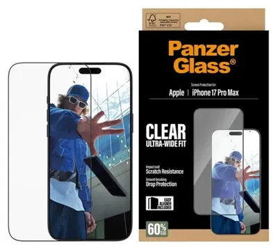 Zdjęcie produktu dla PanzerGlass ® Screen Protector iPhone 17 Pro Max | Ultra-Wide Fit w. EasyAligner, Apple, Apple - iPhone 17 Pro Max, Aplikacja na sucho, Odporny na zadrapania, Odporny na wstrząsy, Przezroczysty, 1 szt.