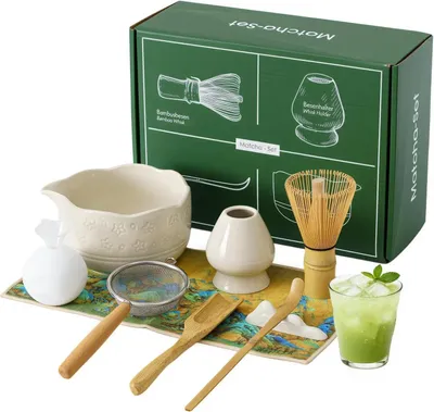 Produktbild von Japanisches Matcha Tee Set - 9-teiliges Zeremonie Set - Bambusbesen, Löffel, Schale, Besenhalter - Keramik - weiß