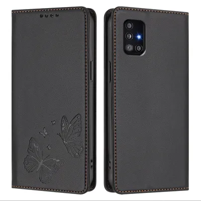 Obrázek produktu pro Kožené pouzdro pro Samsung Galaxy A51 5G, motýlí ražbou, peněženkové flip pouzdro se stojánkem Černá
