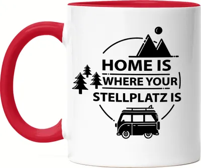 Produktbild von Camping Tasse mit Spruch Lustig Home is where the Stellplatz is Geschenk Camper Womo Wohnmobil Tasse Rot