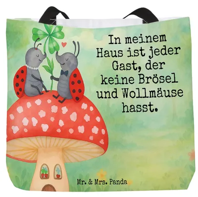 Produktbild von Mr. & Mrs. Panda Strandtasche Marienkäfer Fliegenpilz Design - Weiß - Geschenk, Wohnung, Tasche, Stoffbeutel, Haus, Fleigenpilzhaus, Einkaufstasche, Zuhause, Schultasche