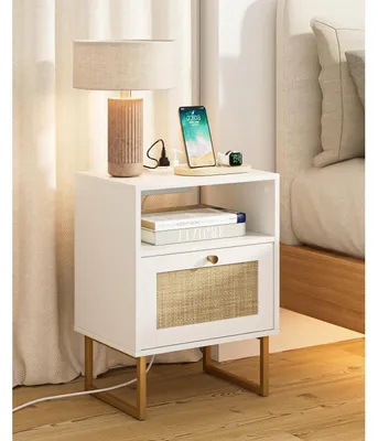 Image de Table de chevet avec prise électrique et port USB, en rotin, blanche, en bois, avec tiroir, table d'appoint