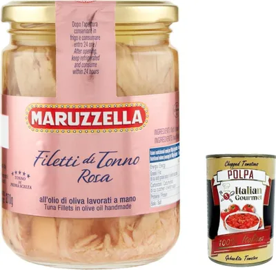 Produktbild von 6x Maruzzella Thunfisch Filetti di Tonno rosa all'Olio di Oliva,Thunfischfilets in Olivenöl,400g Glas + Italian Gourmet polpa 400g