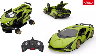 A collage of images showing a green Lamborghini Sian building kit car, a remote control, and a separate view of the car with its doors and hood open.