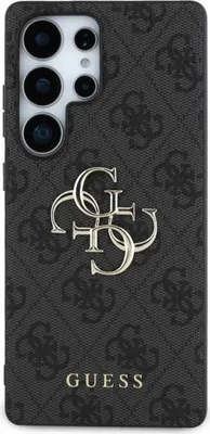 A black phone case with a repeating GUESS logo pattern and a large metallic GUESS logo in the center.