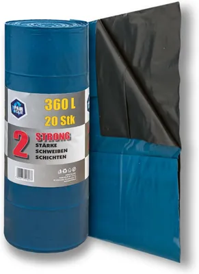 Produktbild von PAM-FOLIE Extra Starke Müllsäcke 360L - 20 Stück - Große, Dicke Abfallsäcke - 120x135cm - Doppelschicht - schwarzer, blauer Müllbeutel