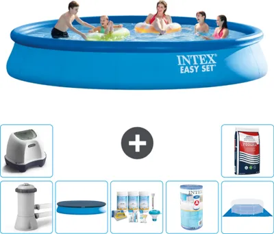 Produktbild von Intex runder aufblasbarer Easy Set-Schwimmpool – 457 x 84 cm – Blau – inklusive Pumpe Abdeckung - Wartungspaket - Filter - Bodenplane - Salzwassersystem - Poolsalz
