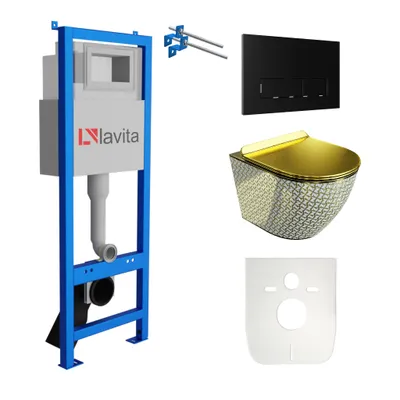 Produktbild von Lavita LAV 101 Vorwandelement für WC 40cm + Wand Hänge Tiefspül WC SOFI SLIM GOLDEN NEVER DIE Spülrandlos + Bedienplatte LAV 200.3.4 Schwarz | Komplettset | Unterputz Spülkasten | Toilette Komplett Sett