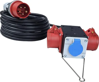 A product shot of an electrical distribution box with a coiled cable and a CEE plug.