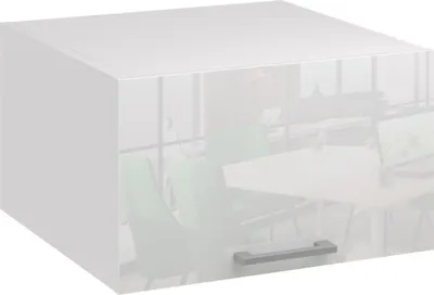 A white kitchen cabinet with a gray handle is shown in front of a blurred office or meeting room background.