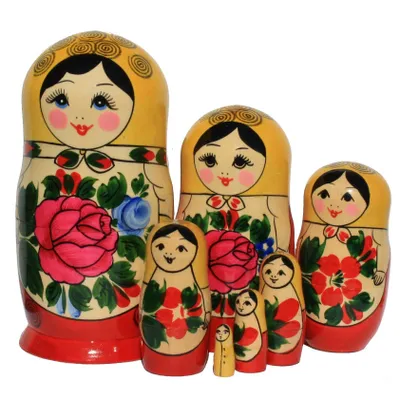 Produktbild von Matroschka Puppen russische Babuschka Matrjoschka gelbes Tuch handbemalt Set aus 7 Holzfiguren 18 cm hoch