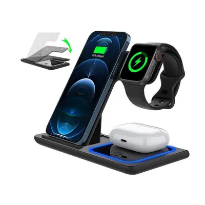 A black 3-in-1 wireless charging station is shown with an iPhone, Apple Watch, and AirPods charging on it. The iPhone and Apple Watch screens display charging indicators.