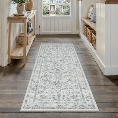 Obrázek produktu pro Koberec Läufer, 60x180 cm, modrá barva – protiskluzový, vintage styl, omyvatelný, krátký vlas