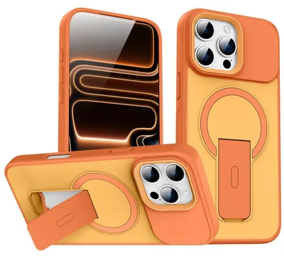 Obrázek produktu pro Magnetické pouzdro pro iPhone 16 Pro, Matná zadní strana, nárazuvzdorné pouzdro s integrovaným stojánkem Oranžová