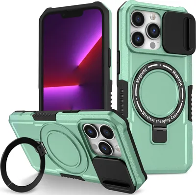 Produktbild von Handyhülle für iPhone 13 Pro Kompatibel mit MagSafe, Robuste Hülle mit Schiebe Kamera Schutz, Magnetischer Ringständer Grün