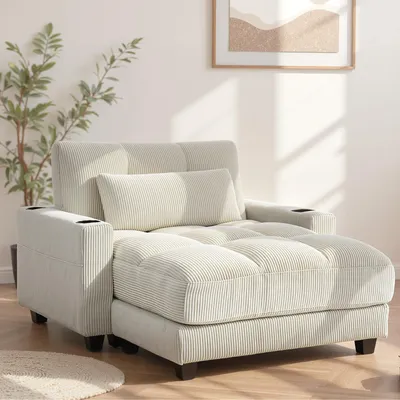 Produktbild von SUGIFT Cord-Sofa mit Schlaffunktion, Schlafsofa mit Becherhalter, Chaiselongue, Cremeweiß  |  Taschenfederkissen  |  25 cm Polsterung  |  147 x 114 x 86 cm