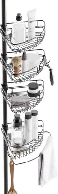 Produktbild von Unyqoos® Verstellbares Dusch-Eckregal – höhenverstellbar 152–246 cm, 4 Ablagen, mattschwarz, rostbeständige Oberfläche, mit Handtuchstange und Haken