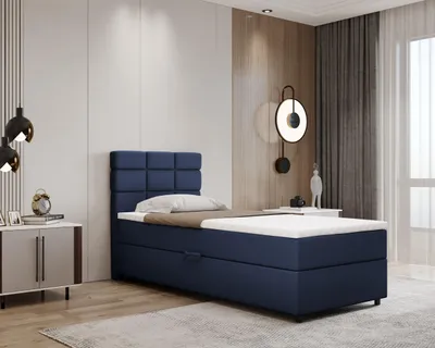 Produktbild von Boxspringbett 90x200, mit Bettkasten, Dunkelblau, Matratze und Topper, Einzelbett, REVE, Panda Möbel
