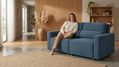Produktbild von Schlafsofa KOMO Apollo – mit Schlaffunktion, Cord in Dunkelblau, Family Meble, KI-generiertes Bild