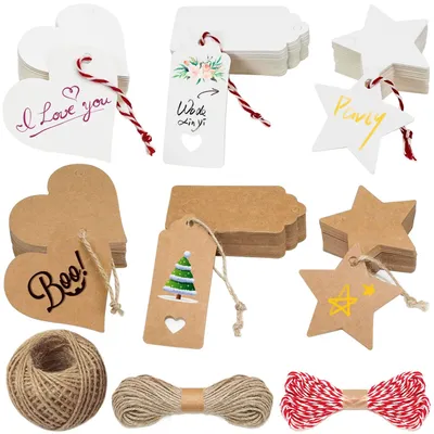 300 Kraftpapier-Geschenkanhänger mit Juteschnur, 6 Motive