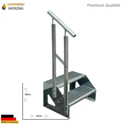 A metal staircase with a handrail, shown against a white background with measurement indicators.