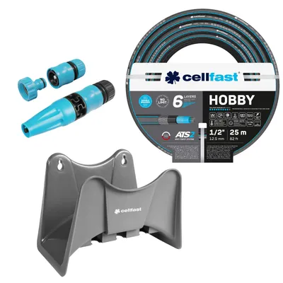 Produktbild von Cellfast Hobby ATS2 Gartenschlauch 1/2" 25 m + Cellfast Schlauchhalter (grau) + Set mit Cellfast Basic 1/2" Sprühdüse