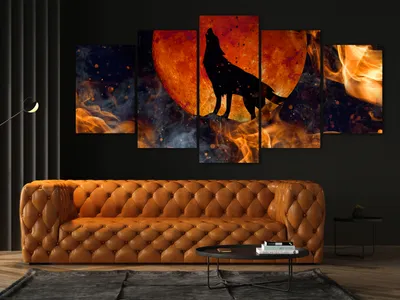Produktbild von Akustikbild Wolf 200x100 cm Bilder Akustikschaum Hochleistungsschallabsorber Schallschutz Leinwand 5 tlg Wandbild Raumakustik Schalldämmung Abstrakt Tier Feuer Sonne g-C-10005-b-a