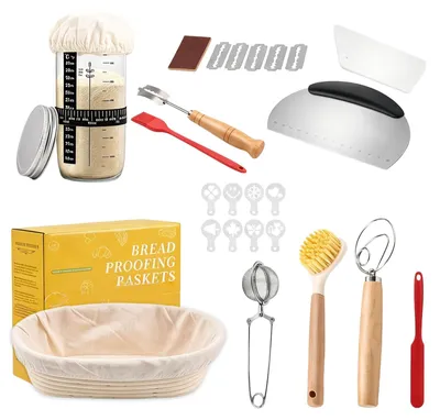 Obrázok produktu pre Štartovacia súprava na kvások 11-dielna, ošatka na chlieb oválna 25 cm, stierka, ľanová vložka, pre kuchyňu
