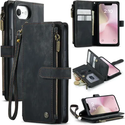Immagine prodotto di Custodia in pelle per iPhone 16e/iPhone 17e, custodia inPoliuretanocon chiusura a zip, chiusura magnetica, tasca per carte, supporto da tavolo, custodia portafoglio nera