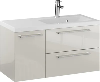 Produktbild von FURNI Waschtischunterschrank RON 90 D P cm - Kaschmir - Hängender Badschrank mit Mineralguss - Waschbecken - Griffe Chrom - Vormontiert