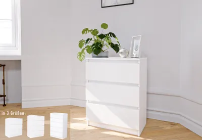 Produktbild von Kommode weiß mit drei Schubladen, Schlafzimmer Flur kleiner Nachttisch, Schrank, Sideboard, Highboard, Breite 60 cm Höhe 77cm