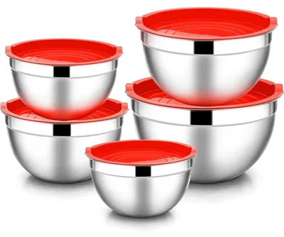 Produktbild von Salatschüssel Set mit Deckel, Edelstahl Rührschüssel 5er Set, 0,7L - 4,5L, Stapelbar, Spülmaschinenfest
