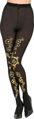 A person wearing black tights with a gold steampunk gear pattern.
