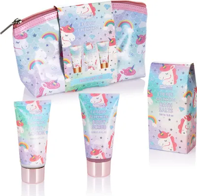 Zdjęcie produktu dla BRUBAKER Cosmetics 4-częściowy zestaw do kąpieli i pod prysznic z jednorożcem Cherry Blossom - zestaw upominkowy o zapachu kwiatu wiśni w kosmetyczce