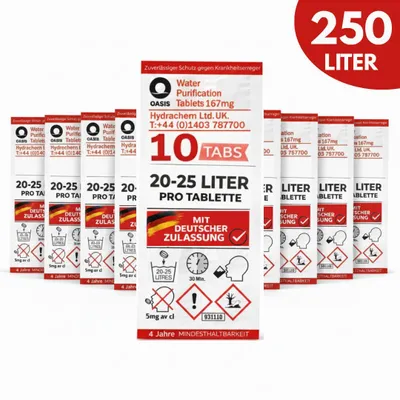 Produktbild von JUNG Oasis 10x25L- 250L Trinkwasseraufbereitung Tabletten 167mgRO Camping Wasserentkeimung Wasseraufbereitung Trinkwasser +für Rudergeräte Wassertanks